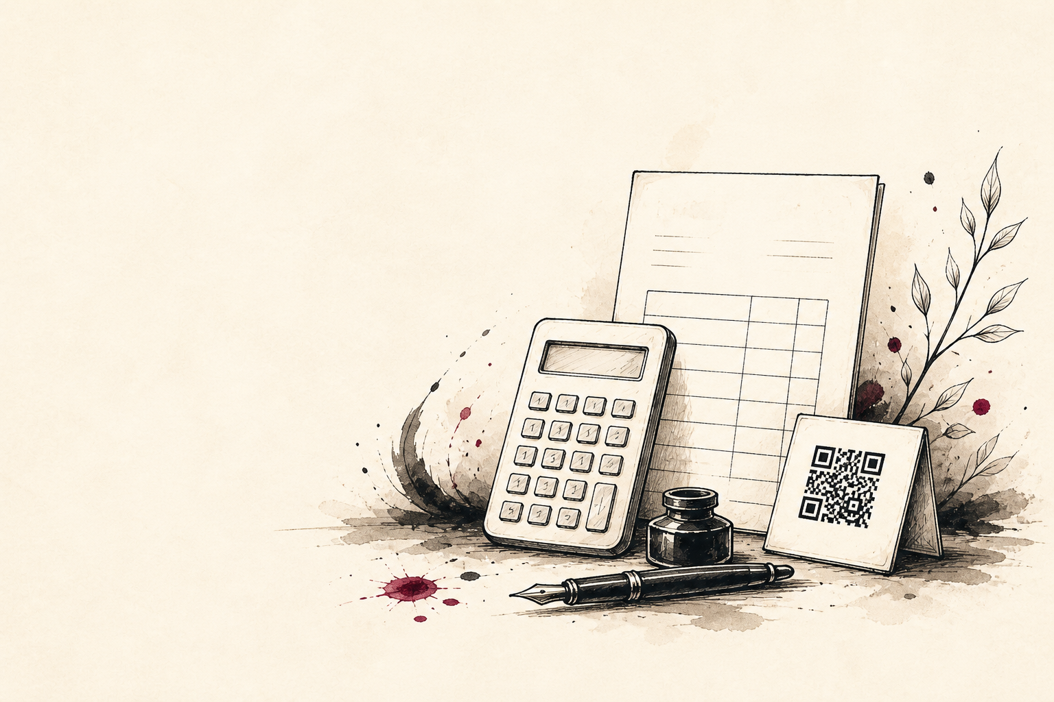 Ilustrace faktury, kalkulačky, QR platby a pera