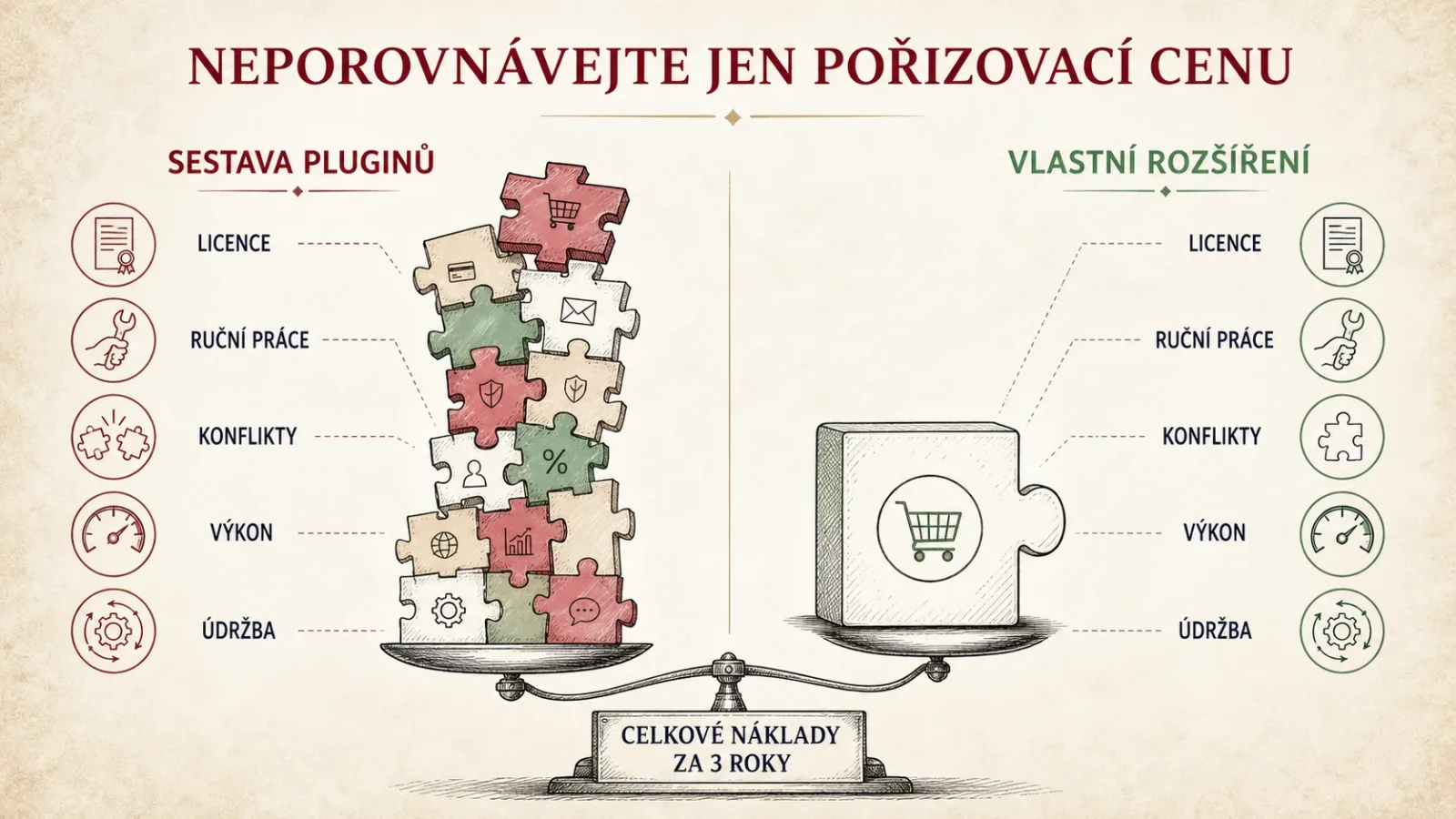 Srovnání celkových nákladů sestavy WooCommerce pluginů a vlastního rozšíření