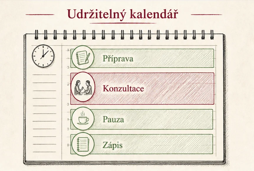 Udržitelný konzultační kalendář s přípravou, konzultací, pauzou a zápisem