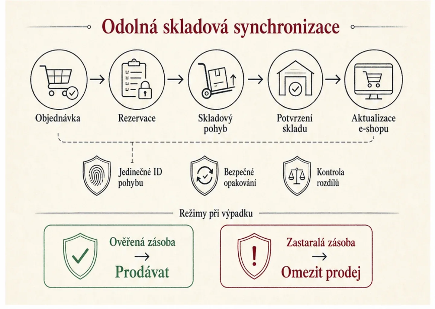 Infografika odolné skladové synchronizace od objednávky přes rezervaci a pohyb po potvrzení skladu