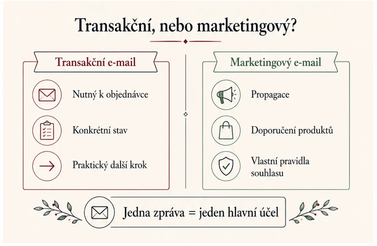 Infografika rozdílu mezi transakčním a marketingovým e-mailem
