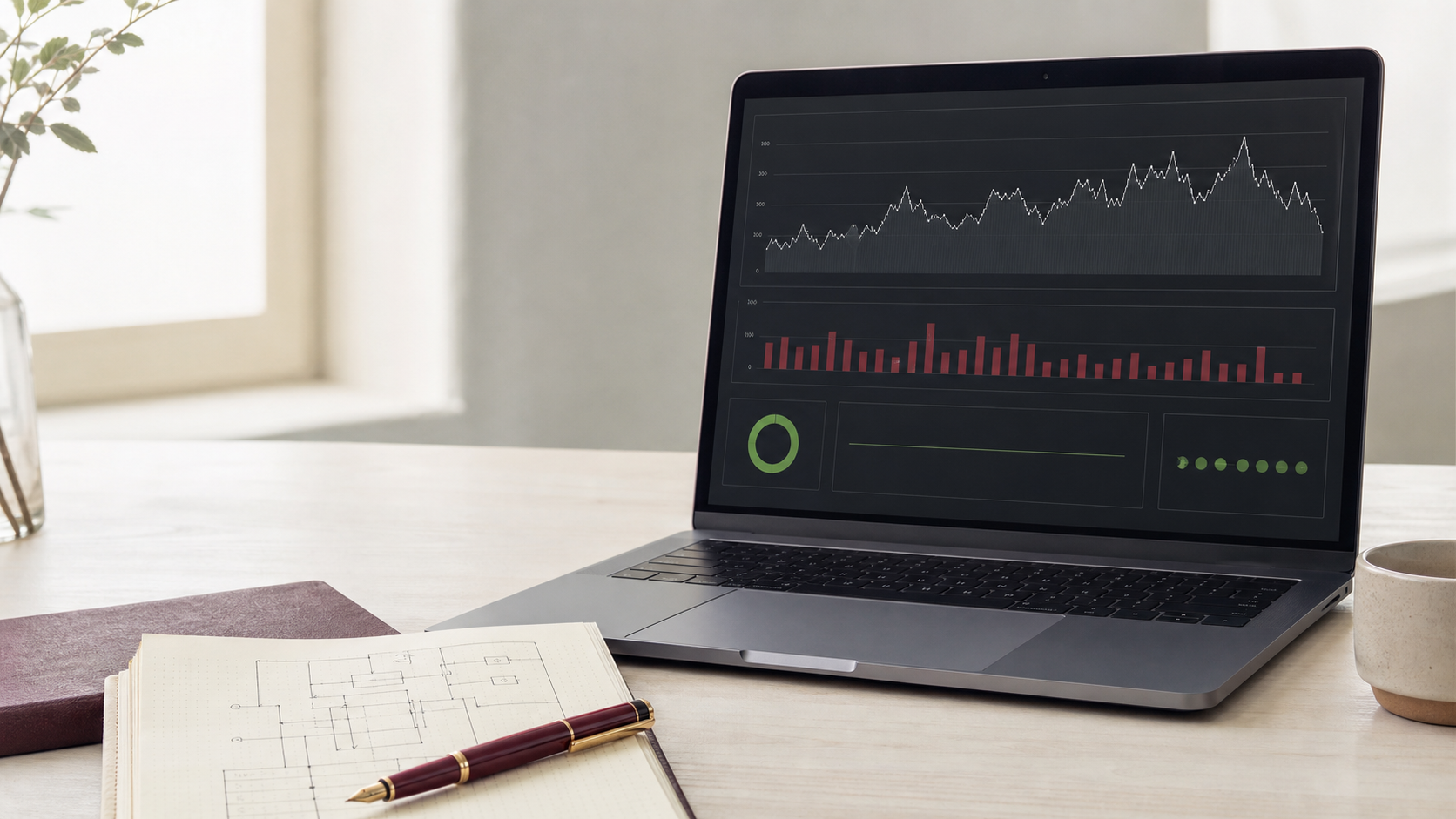 Notebook s přehledem výkonu a dostupnosti webu