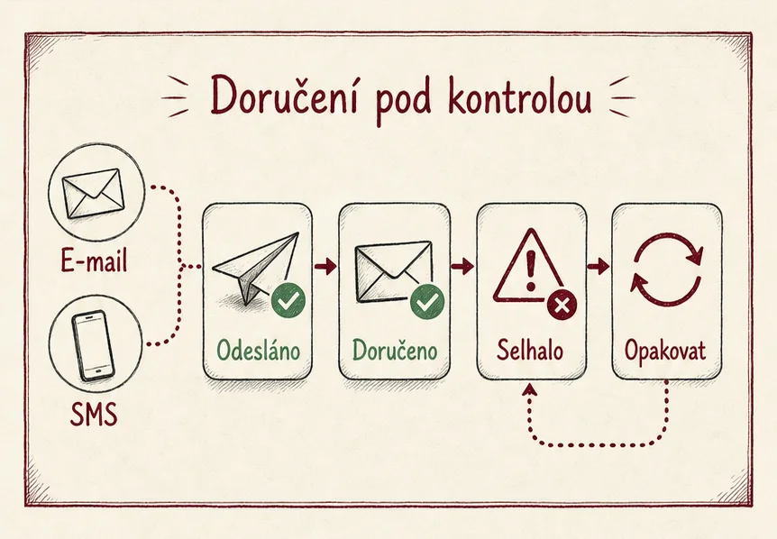 Řízení doručení e-mailu a SMS se stavy odesláno, doručeno, selhalo a opakovat