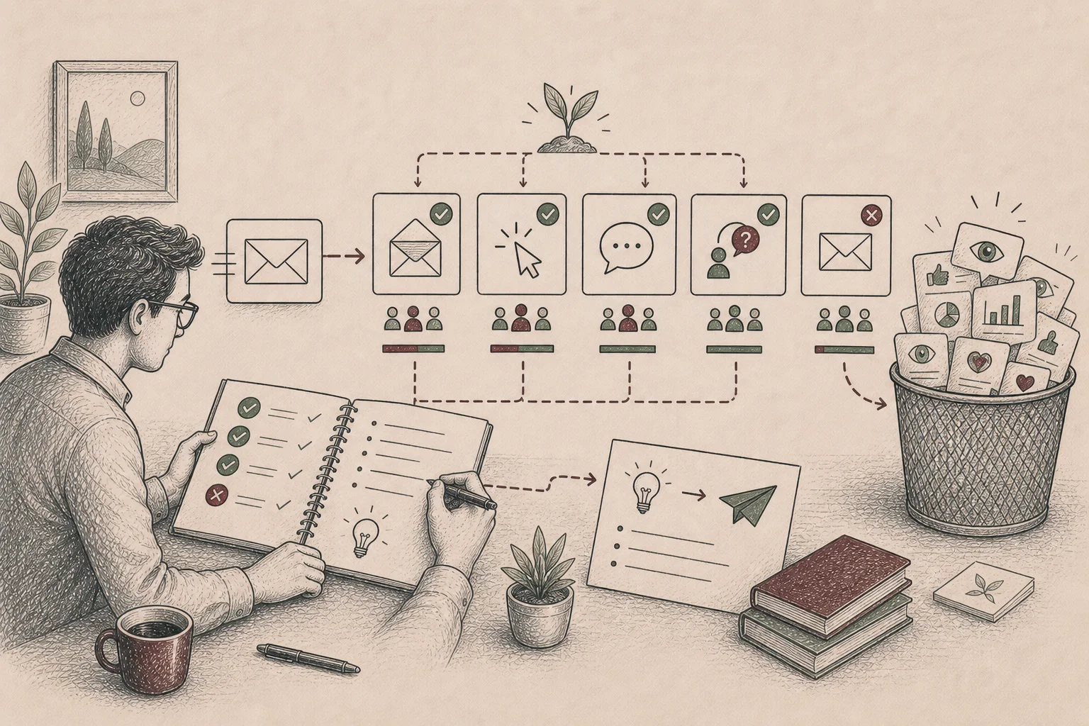 Ruční ilustrace vyhodnocování výsledků newsletteru