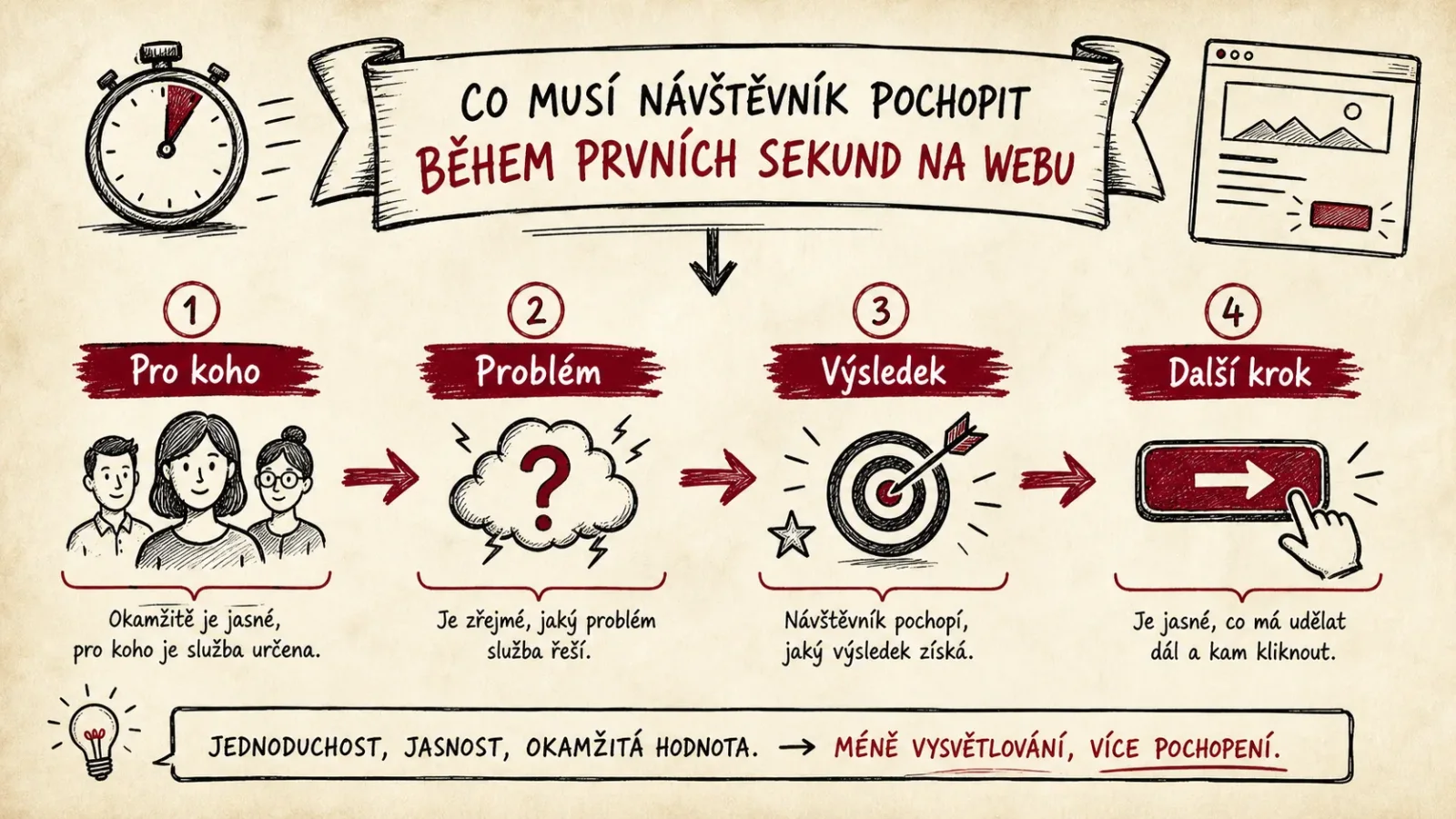 Infografika čtyř otázek, které má návštěvník rychle zodpovědět
