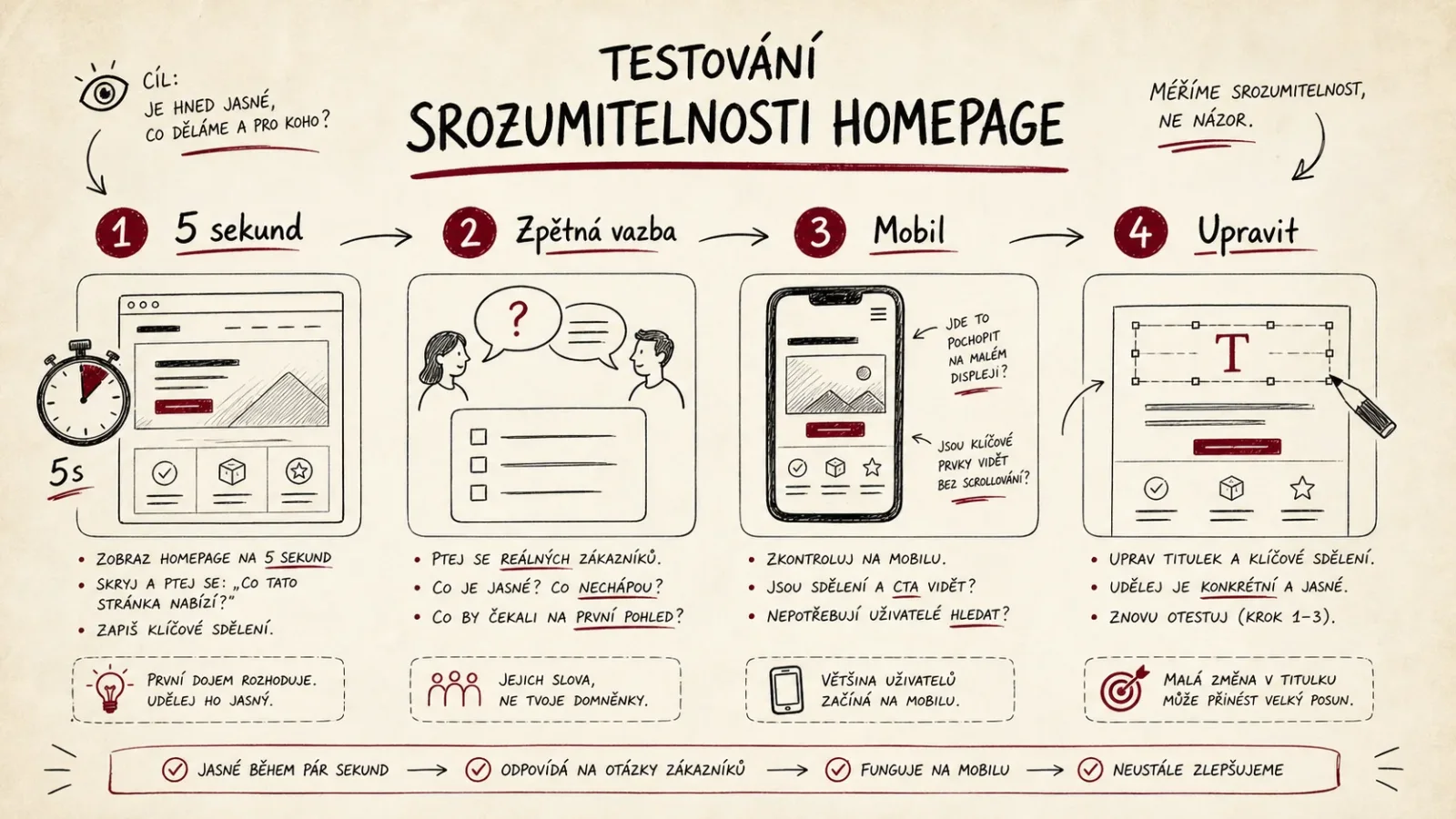 Infografika čtyř kroků testování srozumitelnosti homepage