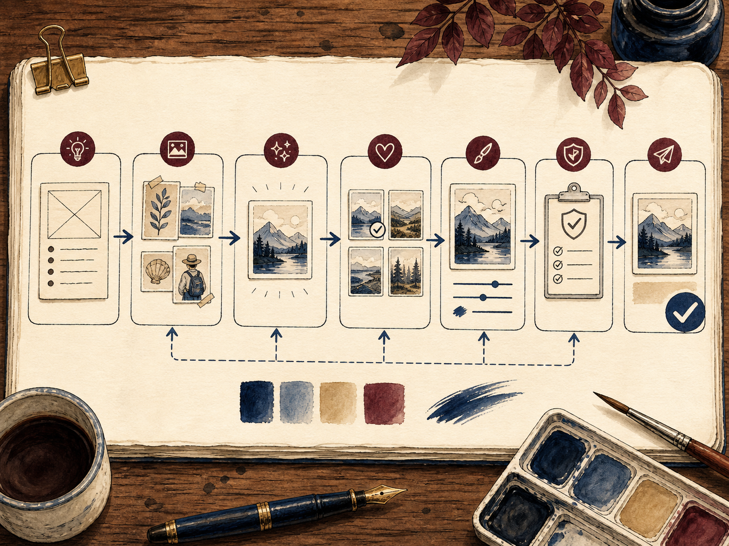 Ilustrace kompletního workflow AI grafiky od nápadu přes moodboard a generování až po publikaci