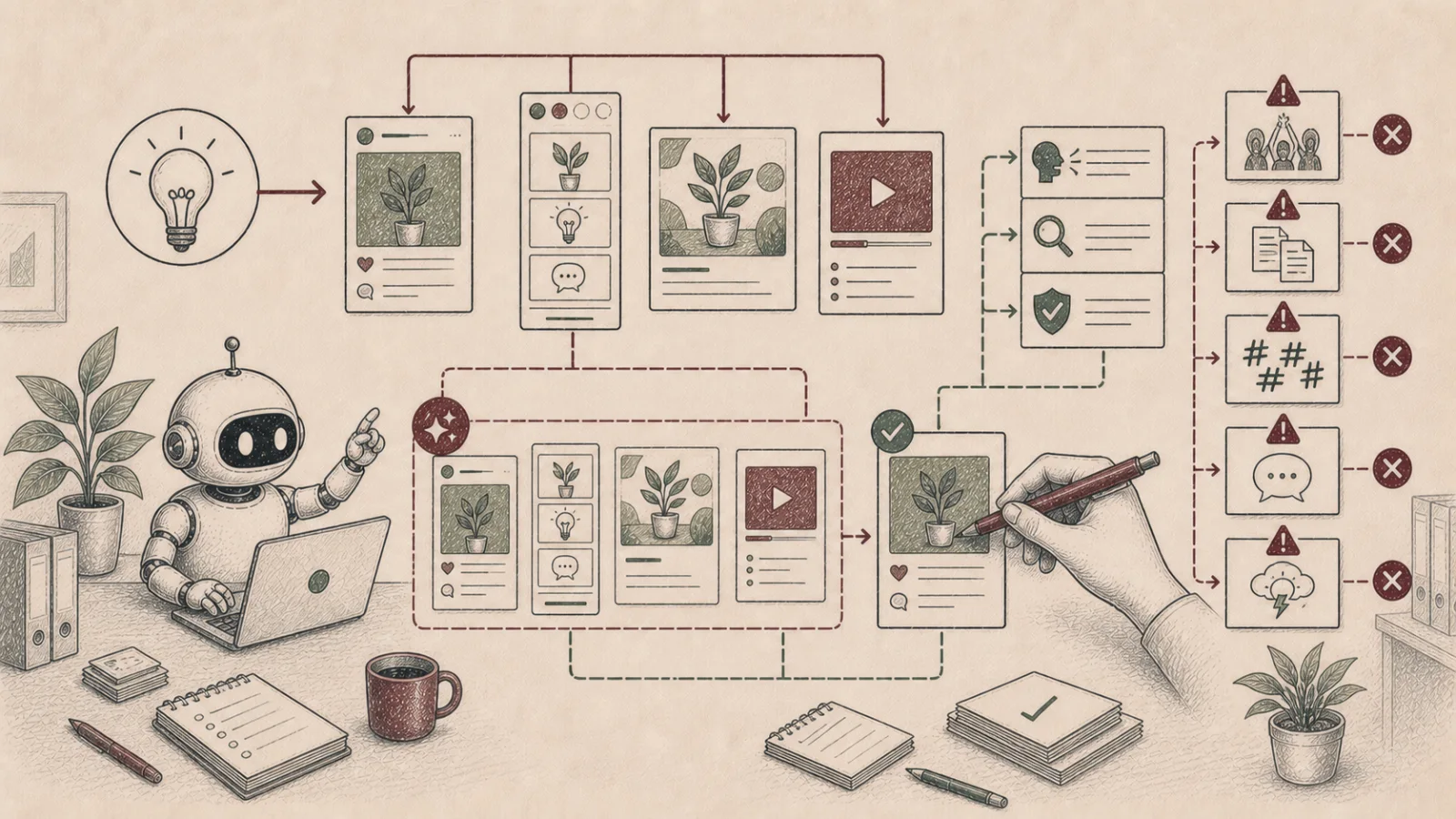 Ruční ilustrace převodu jedné marketingové myšlenky do různých formátů