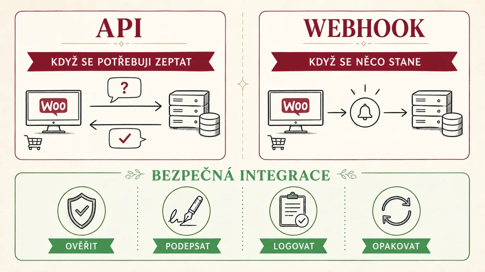 Srovnání API a webhooku při bezpečné integraci WooCommerce