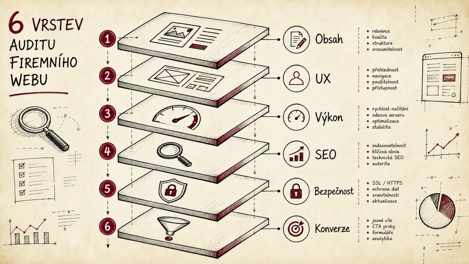 Infografika šesti vrstev auditu firemního webu