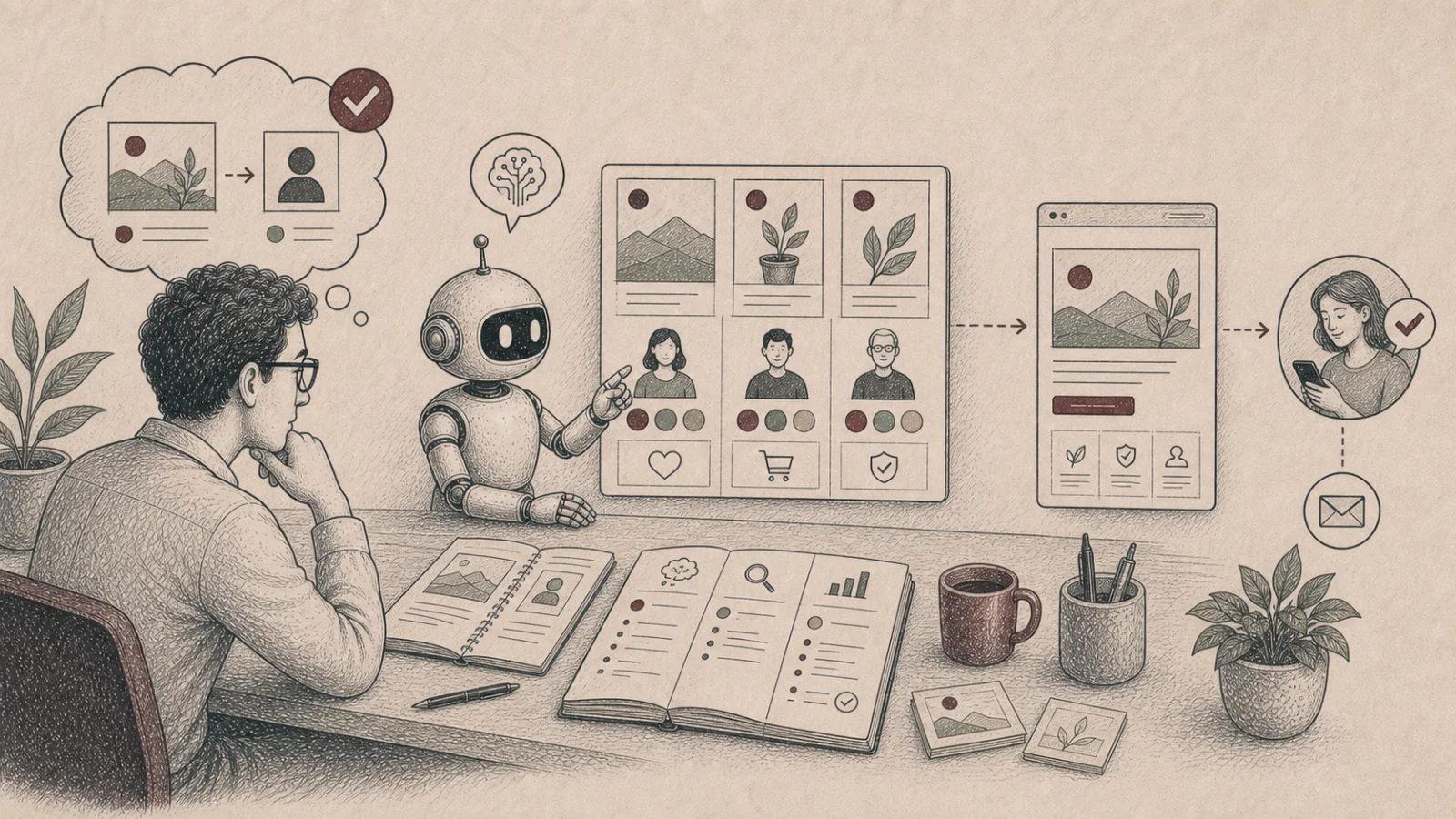 Ruční ilustrace přípravy reklamní kampaně s pomocí AI