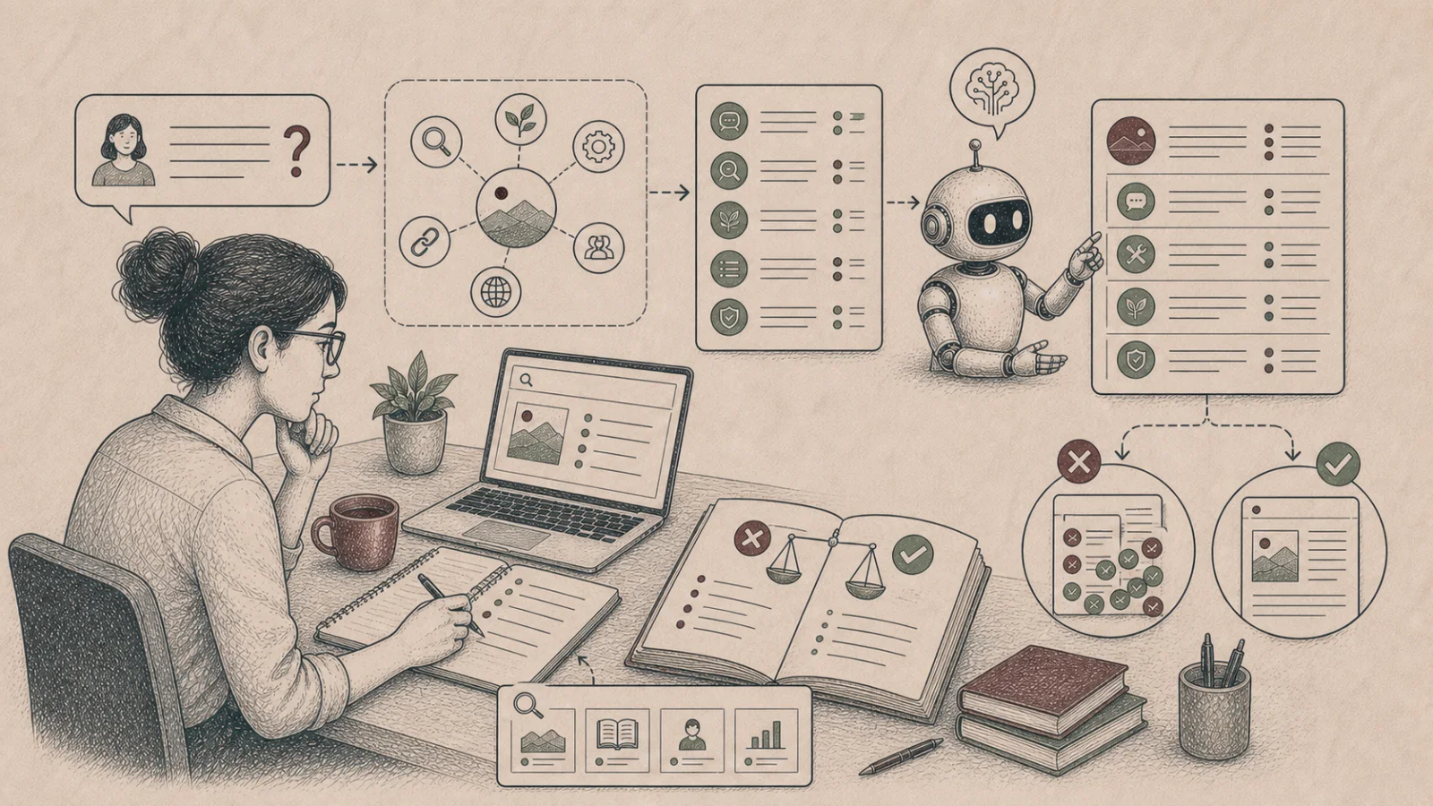 Ruční ilustrace práce AI se záměrem hledání pro SEO