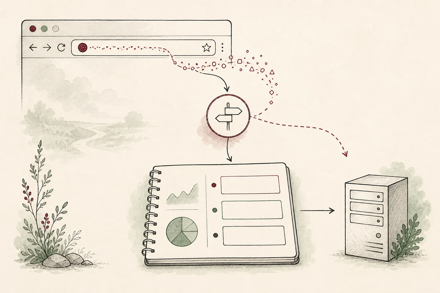 Ručně kreslená ilustrace cesty oppref a UTM parametrů přes landing page a server