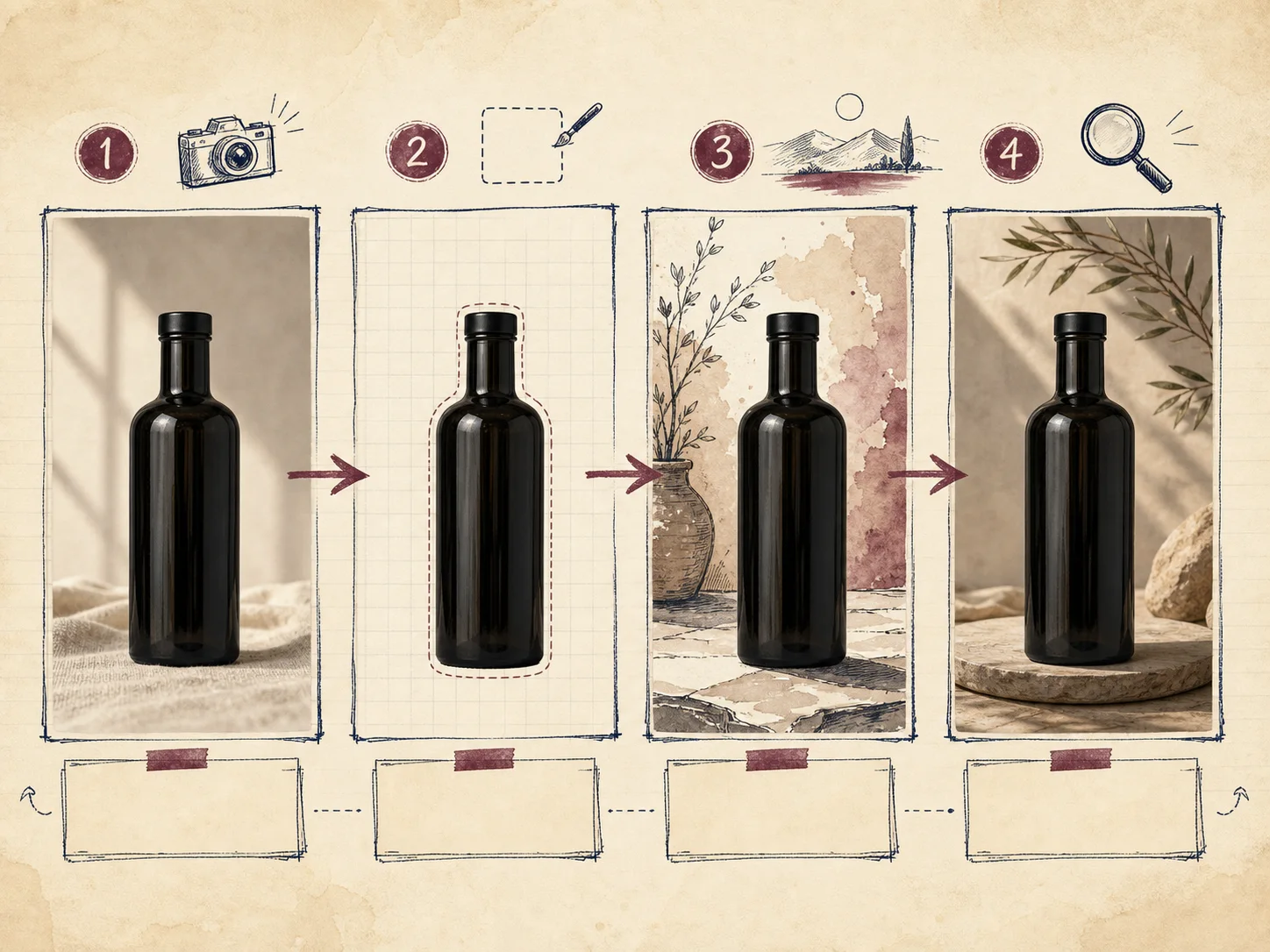 Ilustrace práce s referenční fotografií produktu a přípravou různých produktových scén pomocí AI