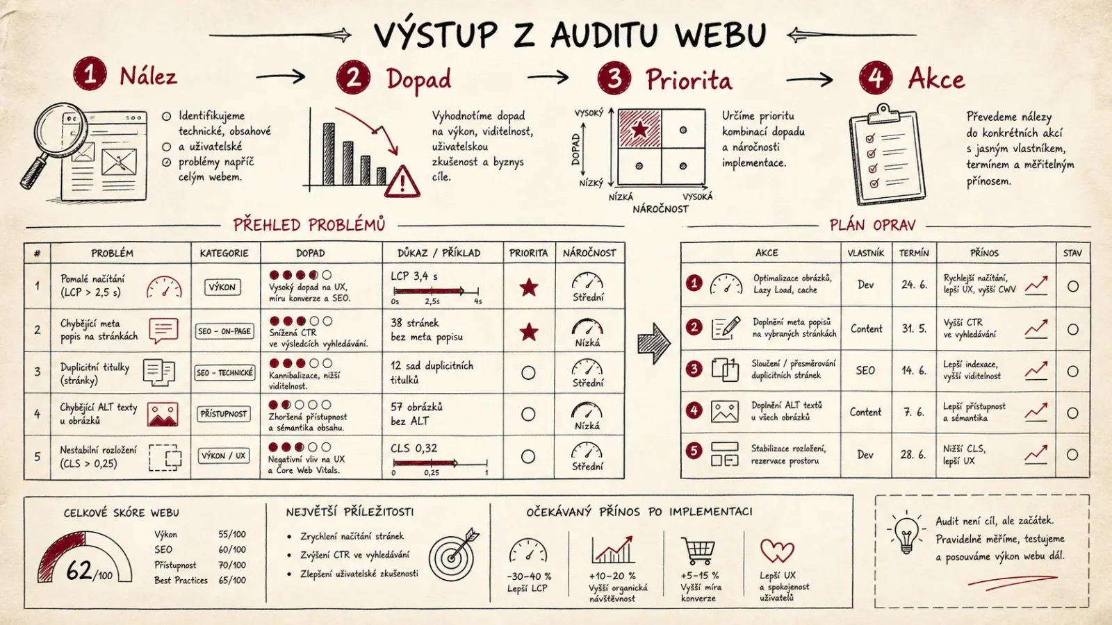 Infografika výstupu z auditu webu od nálezu po konkrétní akci