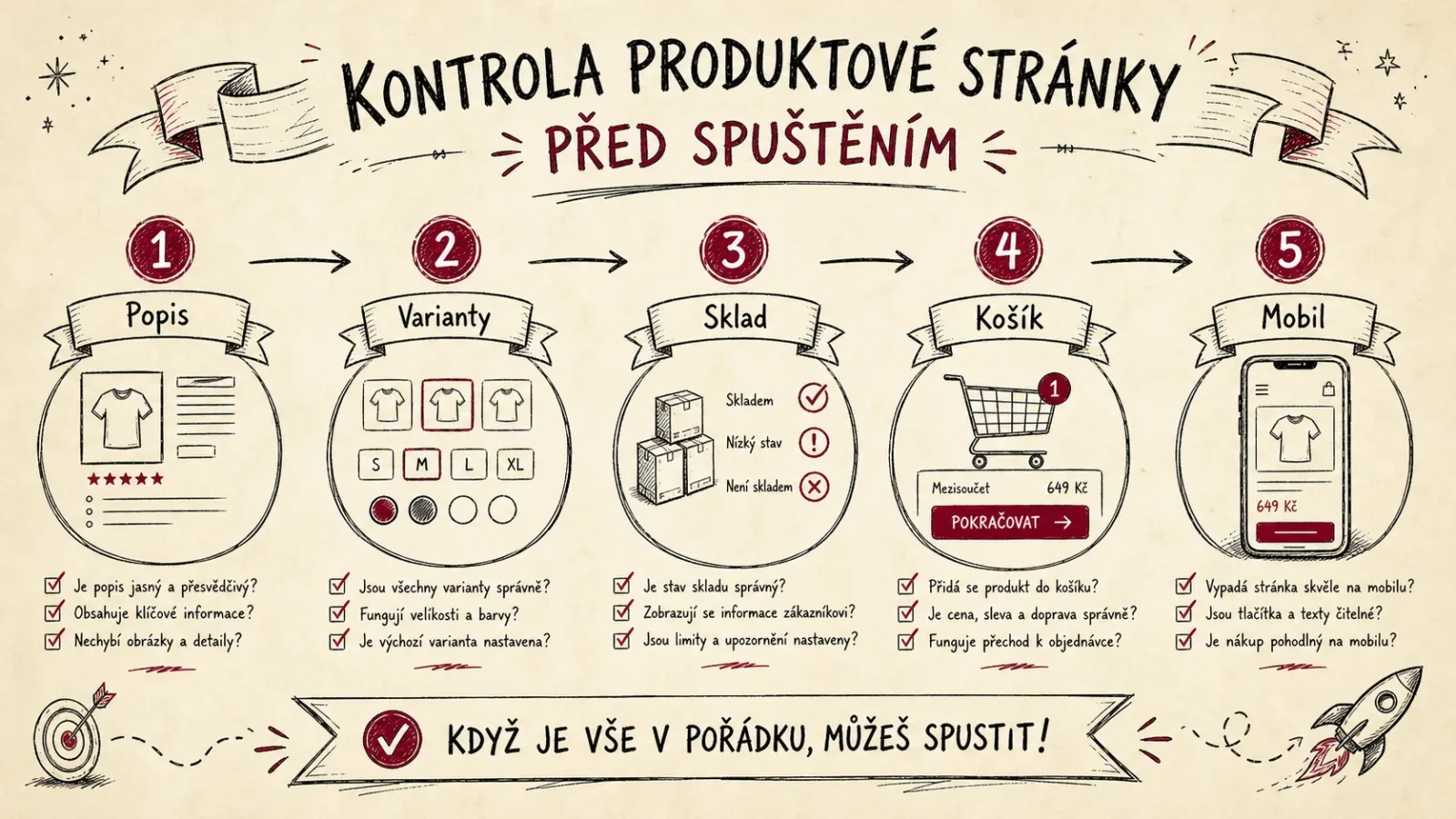 Infografika kontroly produktové stránky před spuštěním