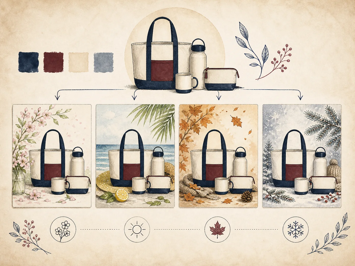Ilustrace stejné e-shopové produktové kolekce v jarní, letní, podzimní a zimní kampani