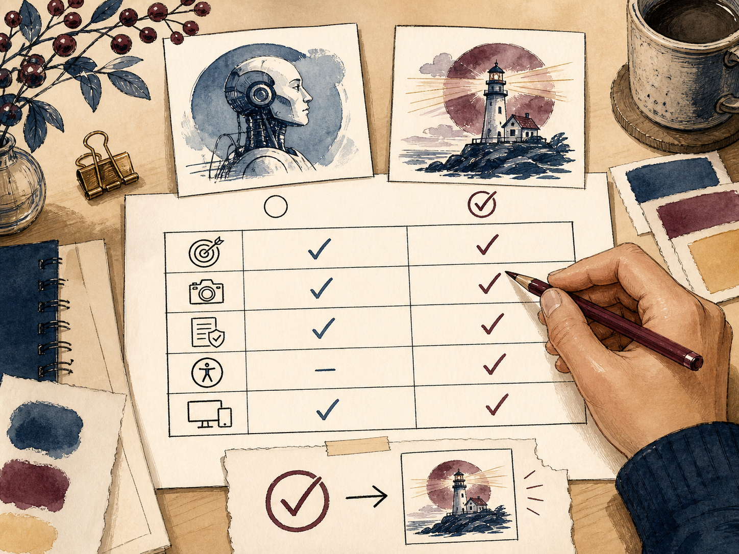 Ilustrace závěrečné kontroly AI obrázku podle značky, práv, přístupnosti a cílového použití