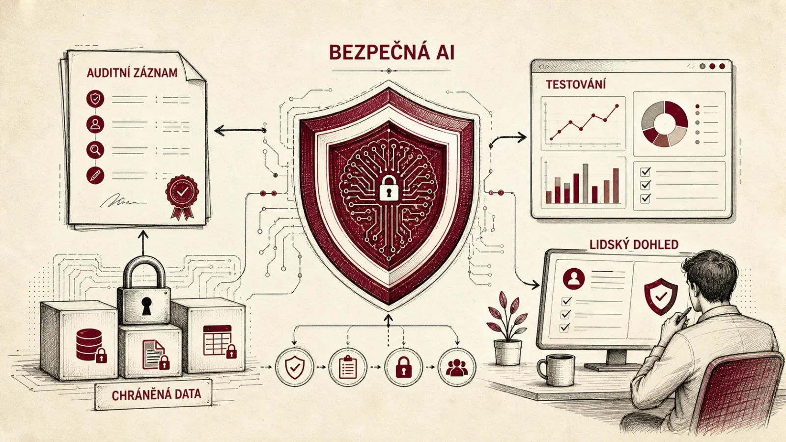 Ilustrace bezpečné a auditovatelné umělé inteligence s chráněnými daty a lidským dohledem