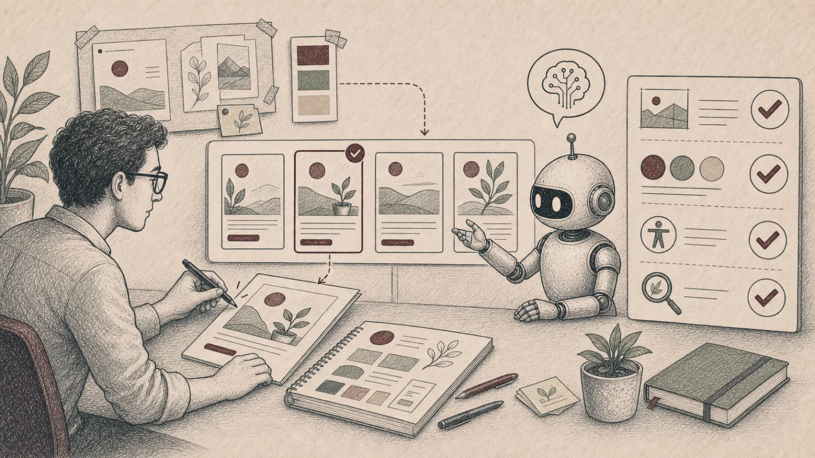 Ruční ilustrace tvorby marketingové grafiky pomocí AI