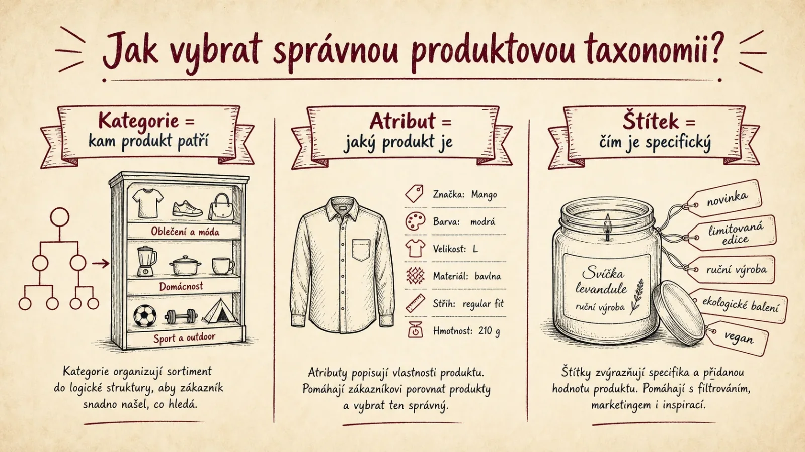 Rozdíl mezi kategorií, atributem a štítkem produktu