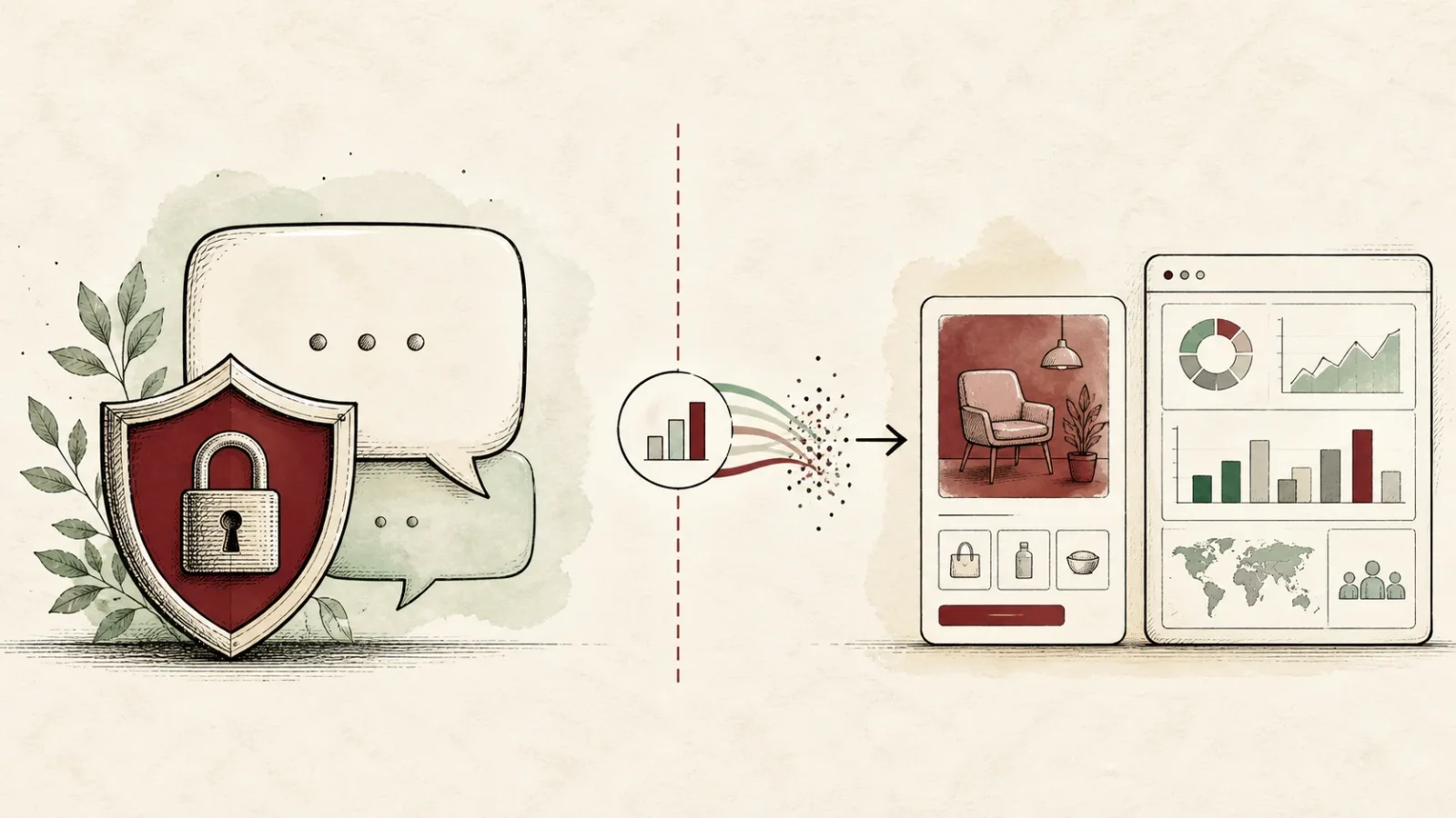 Ilustrace soukromí chatu a odděleného reklamního reportingu v ChatGPT