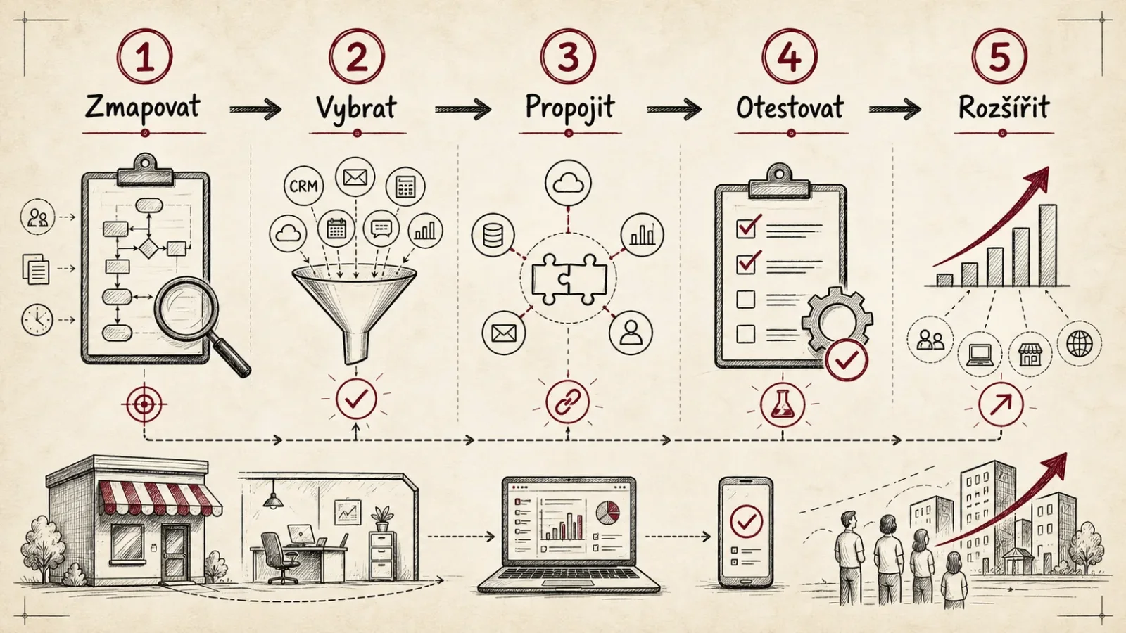 Infografika pěti kroků postupné digitalizace firmy