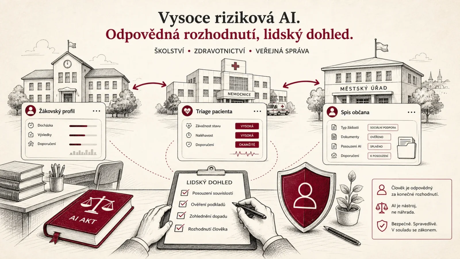 Ilustrace vysoce rizikové AI ve školství, zdravotnictví a veřejné správě s lidským dohledem