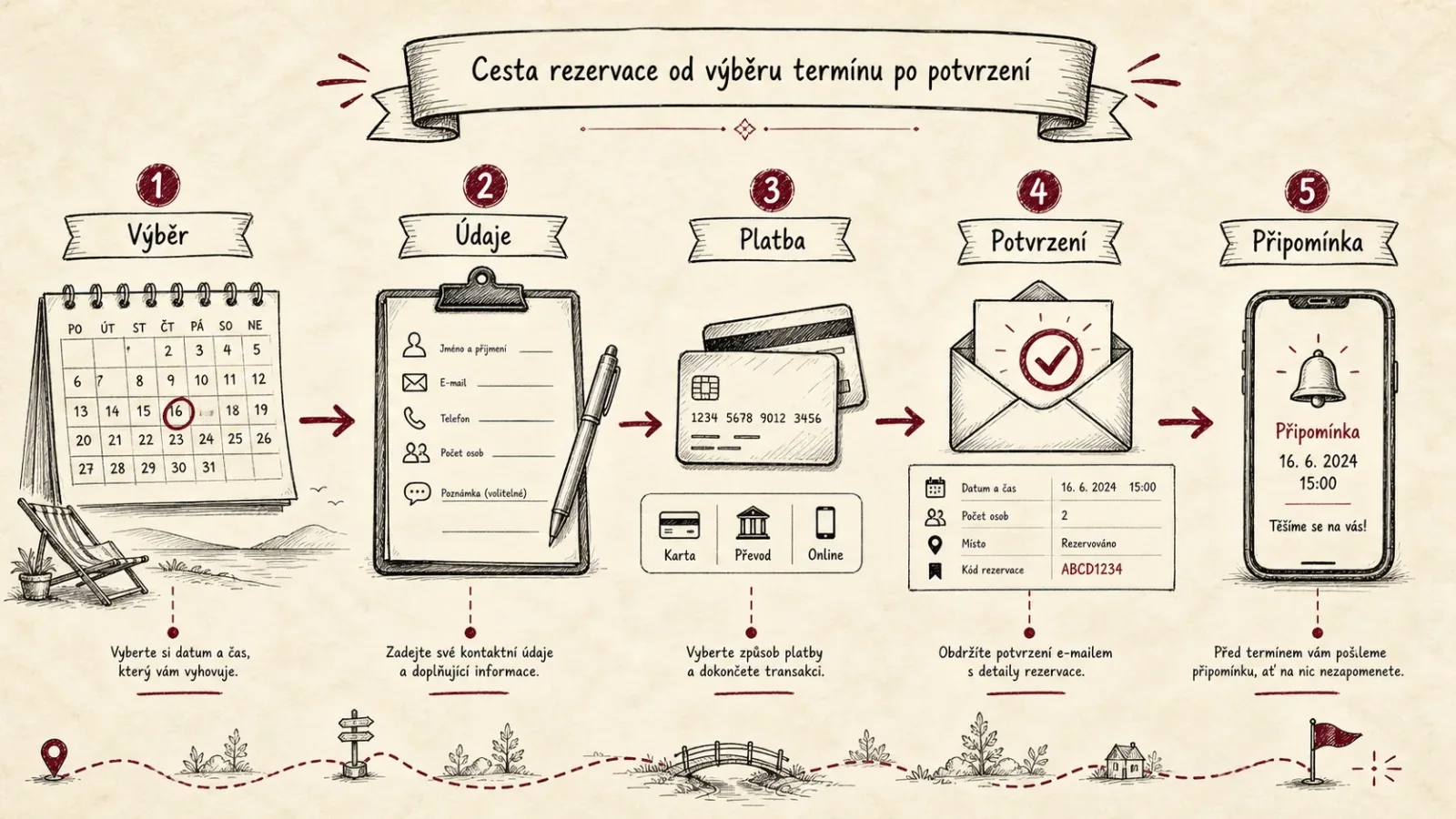 Infografika rezervační cesty od výběru termínu po připomínku