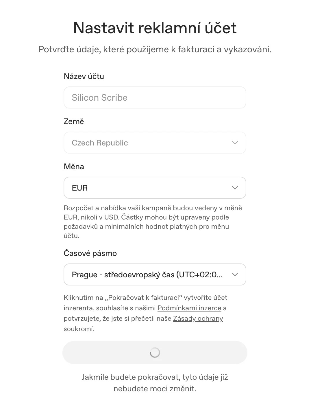 Nastavení reklamního účtu Silicon Scribe s vybranou zemí Česká republika, měnou EUR a pražským časovým pásmem