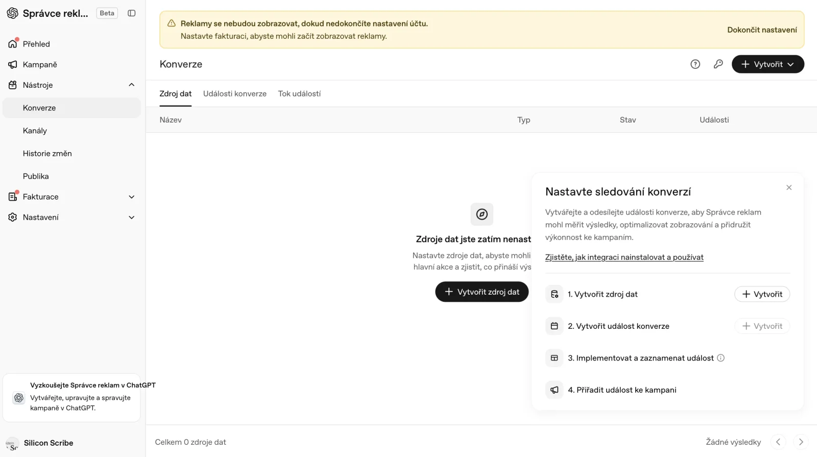 Sekce Konverze ve Správci reklam ChatGPT s kroky vytvořit zdroj dat, konverzní událost, implementovat událost a přiřadit ji ke kampani