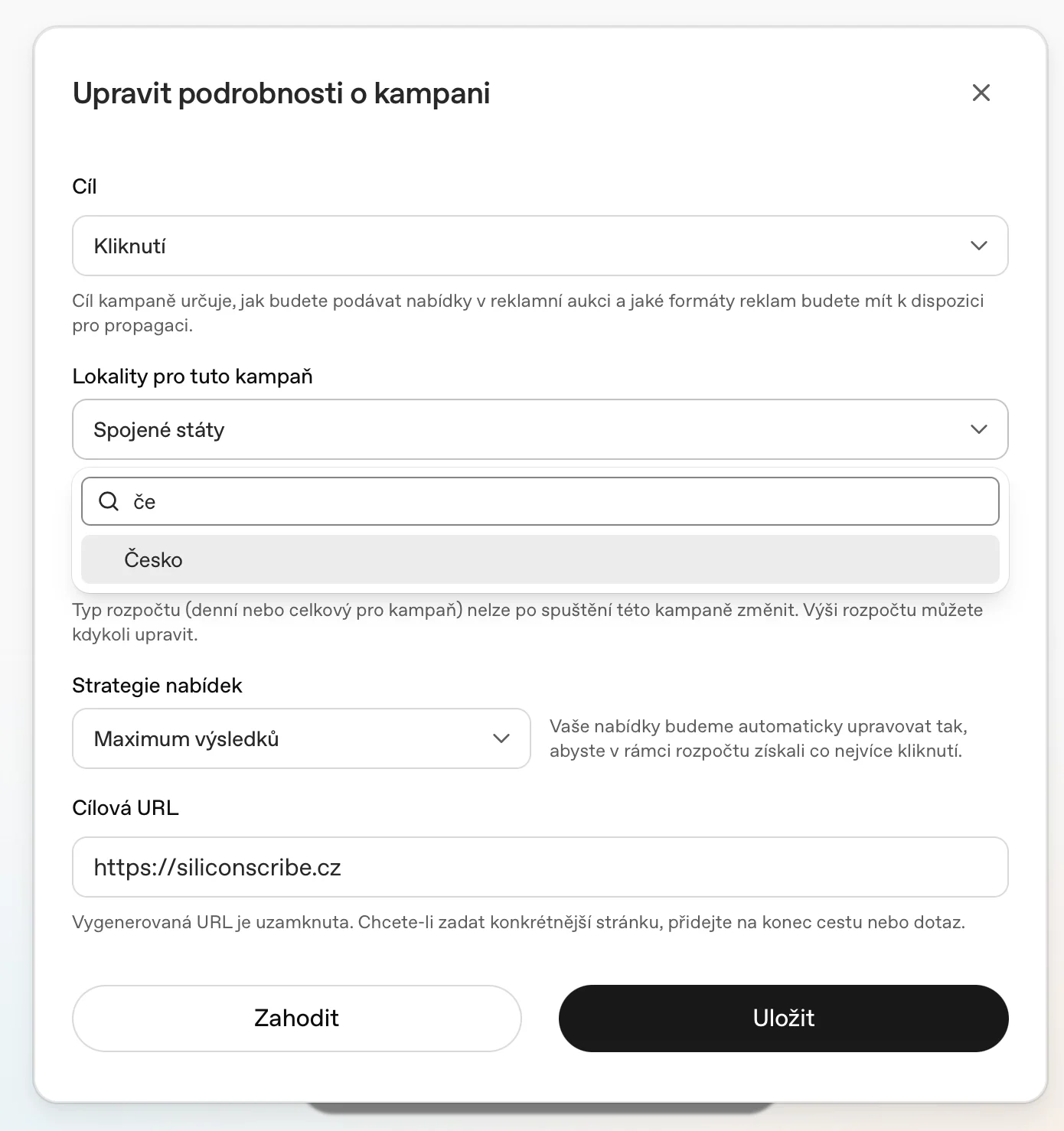 Výběr České republiky v rozhraní pro nastavení lokality kampaně ChatGPT Ads
