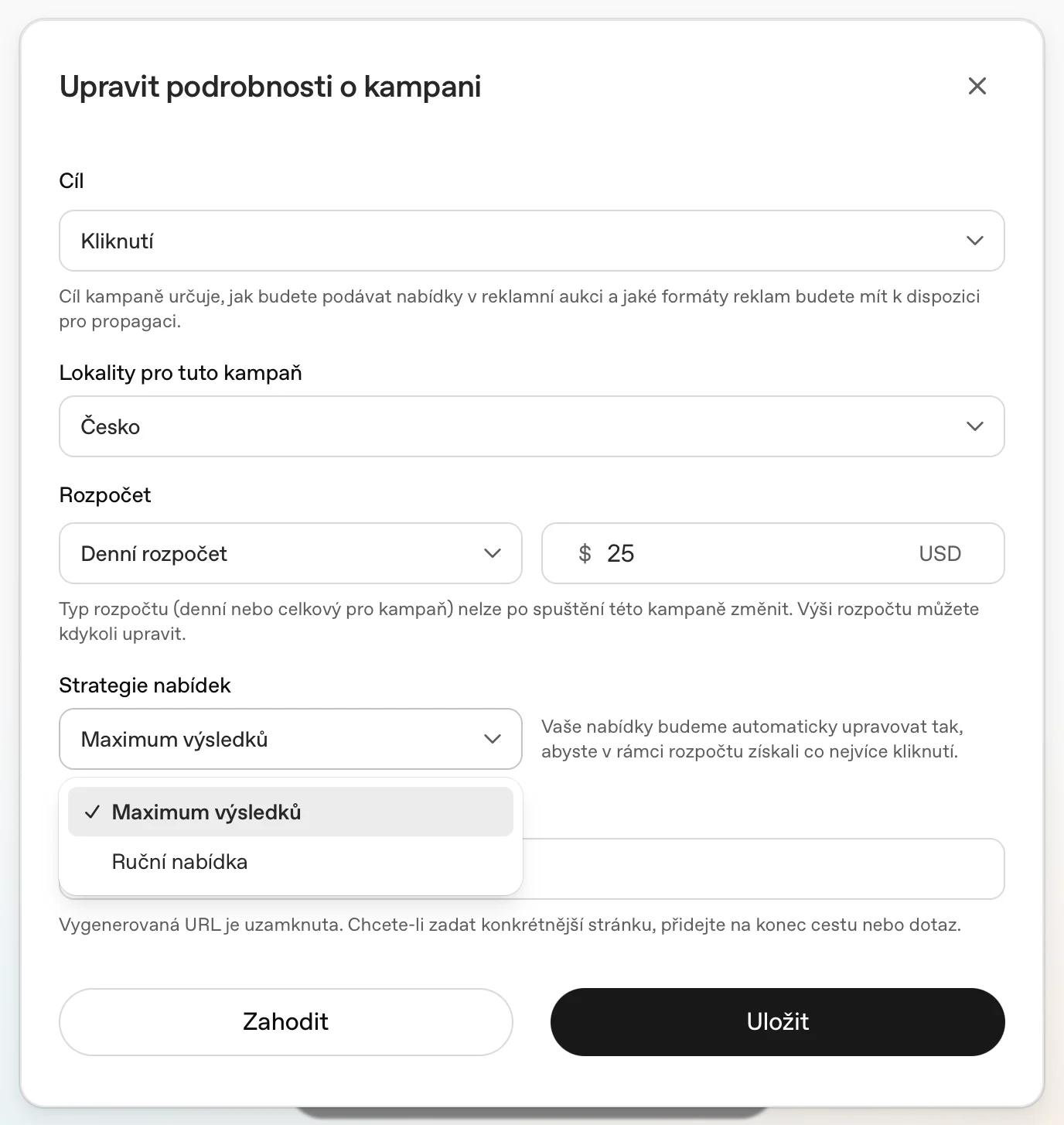Dialog úpravy kampaně ChatGPT Ads s cílem Kliknutí, lokalitou Česko, denním rozpočtem a volbou strategie nabídek