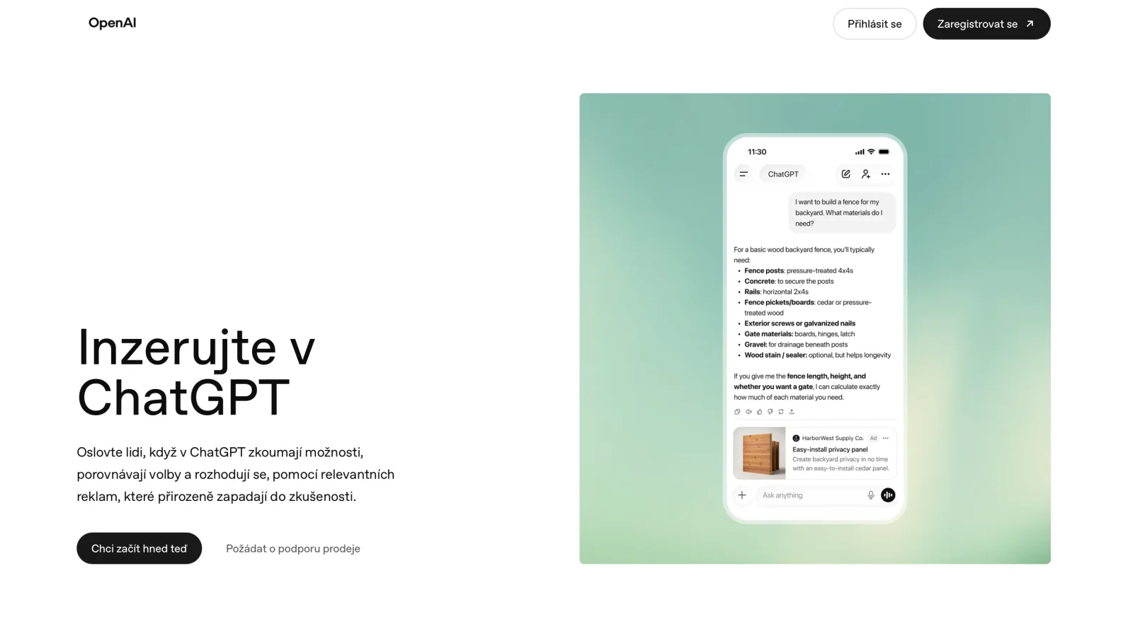 Oficiální česká stránka OpenAI s ukázkou reklamy pod odpovědí ChatGPT